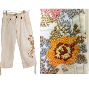 Y2K Vintage Capris Sz 3 Ivory HAND EMBROIDERED Floral Flowers Bohemian Boho