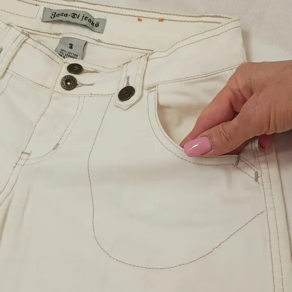 Y2K Vintage Capris Sz 3 Ivory HAND EMBROIDERED Floral Flowers Bohemian Boho