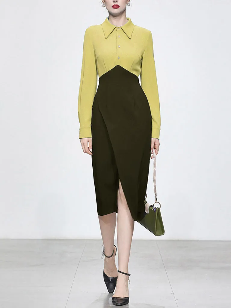 Yellow Turn Down Collar Long Sleeve 1960S Dress