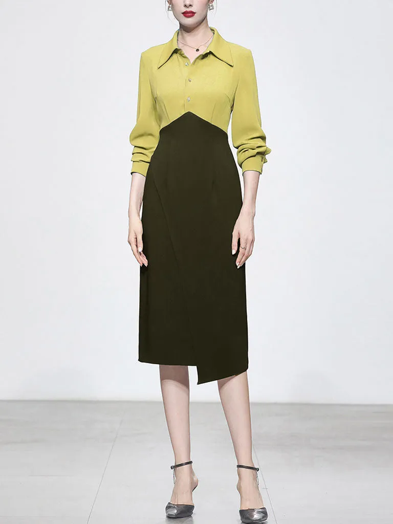 Yellow Turn Down Collar Long Sleeve 1960S Dress