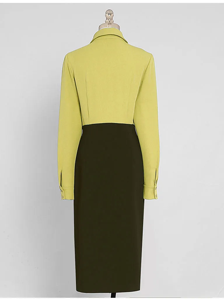 Yellow Turn Down Collar Long Sleeve 1960S Dress