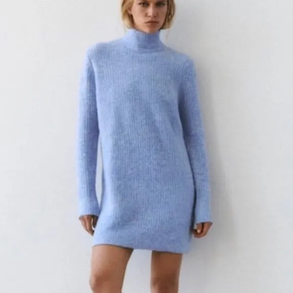Zara Blue knit mock neck Sweater dress Oversized Fit Size Small