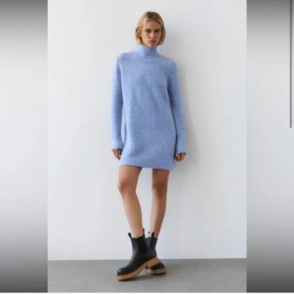Zara Blue knit mock neck Sweater dress Oversized Fit Size Small