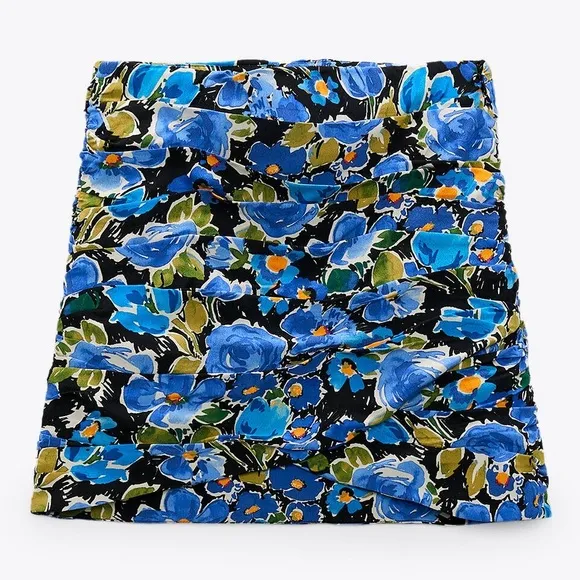 Zara FLORAL PRINT Pleated Asymmetrical Front MINI SKIRT Blue/Green Size M NEW
