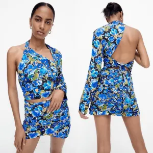Zara FLORAL PRINT Pleated Asymmetrical Front MINI SKIRT Blue/Green Size M NEW