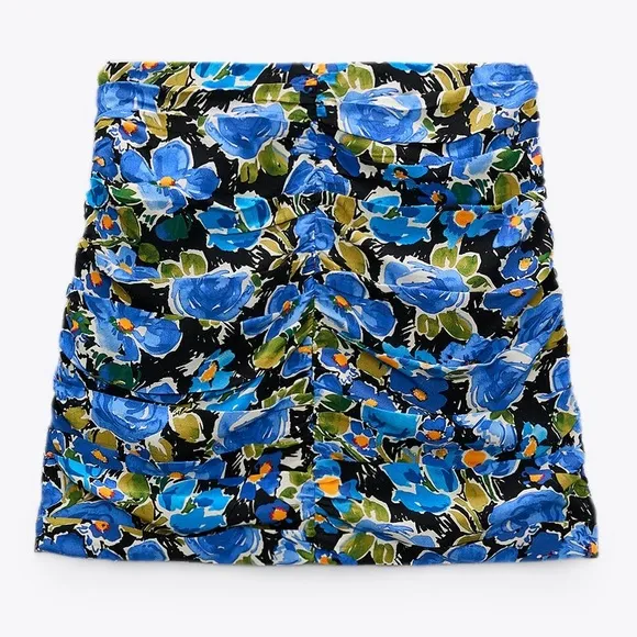 Zara FLORAL PRINT Pleated Asymmetrical Front MINI SKIRT Blue/Green Size M NEW