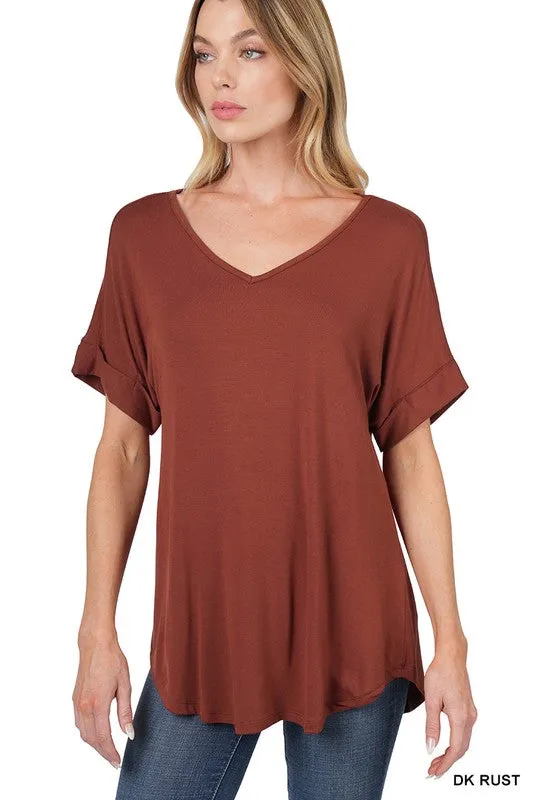 ZENANA Luxe Rayon Short Cuff Sleeve V-Neck Round Hem Top