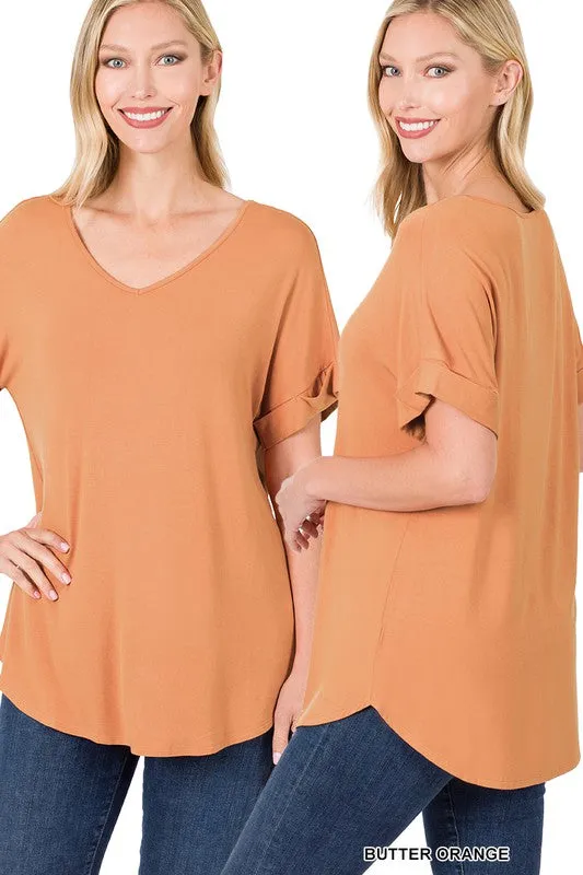 ZENANA Luxe Rayon Short Cuff Sleeve V-Neck Round Hem Top