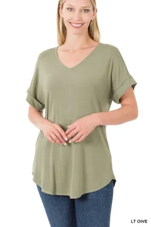 ZENANA Luxe Rayon Short Cuff Sleeve V-Neck Round Hem Top